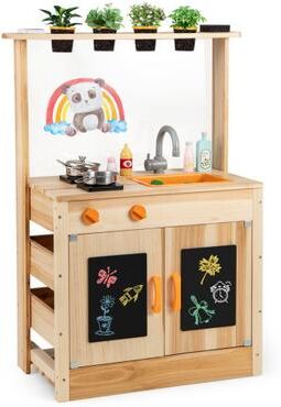 Costway Kids Mud Kitchen Fir Wood Playset with Planting Pots and Blackboards-Natural