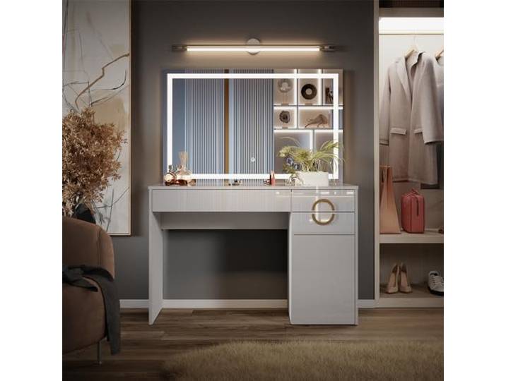 Vicco Schminktisch Adela, Weiß 115 cm LED-Spiegel · 3 Schubladen · Freistehend · mit dekorativem Ringgriff · viel Stauraum