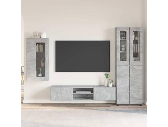 KQWQERT TV-Schrankset 3-TLG. Betongrau, Holzwerkstoff Wohnwand Set Inklusive Wandregal & Highboard, 2 Schubladen & 5 Türen, Mattes Design