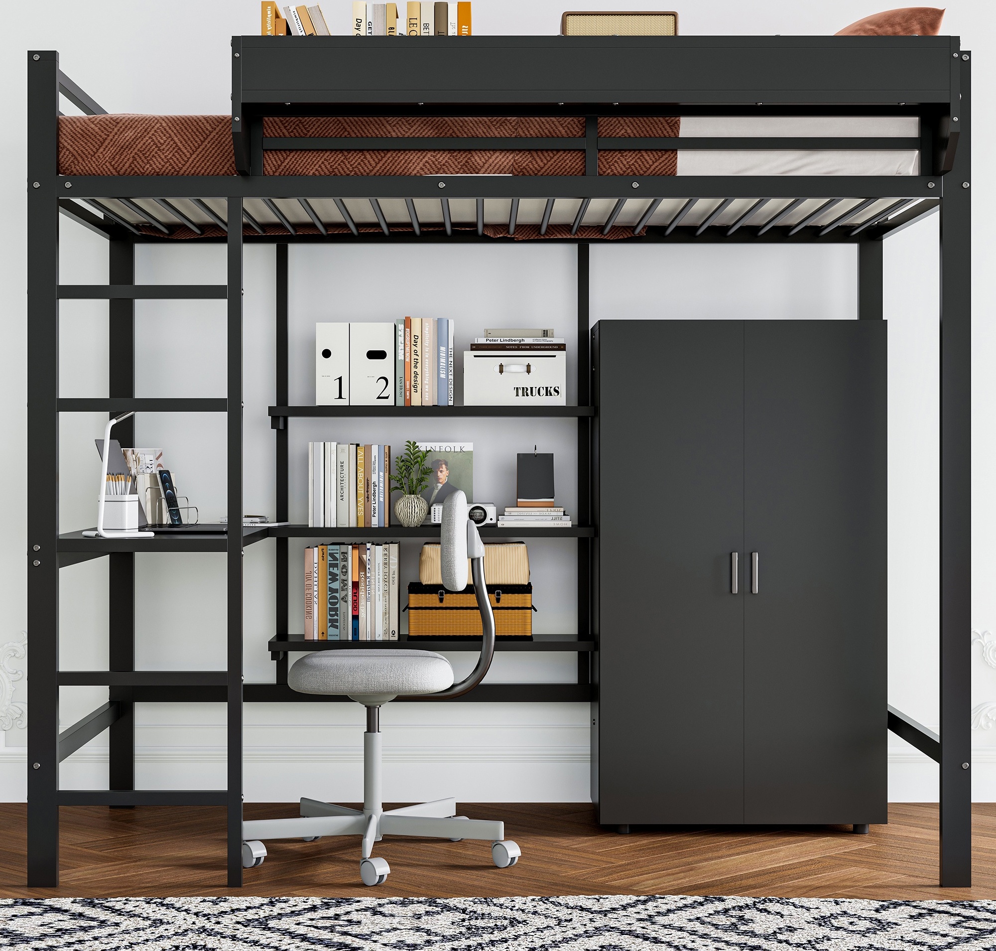 MODFU Etagenbett, Kinderbett Jugendbett Eisenbett, Mit Tisch und Kleiderschrank, Reichlich Ablagefächer, Mit 5-stufiger Leiter, 90x200cm ohne Matratze Schwarz