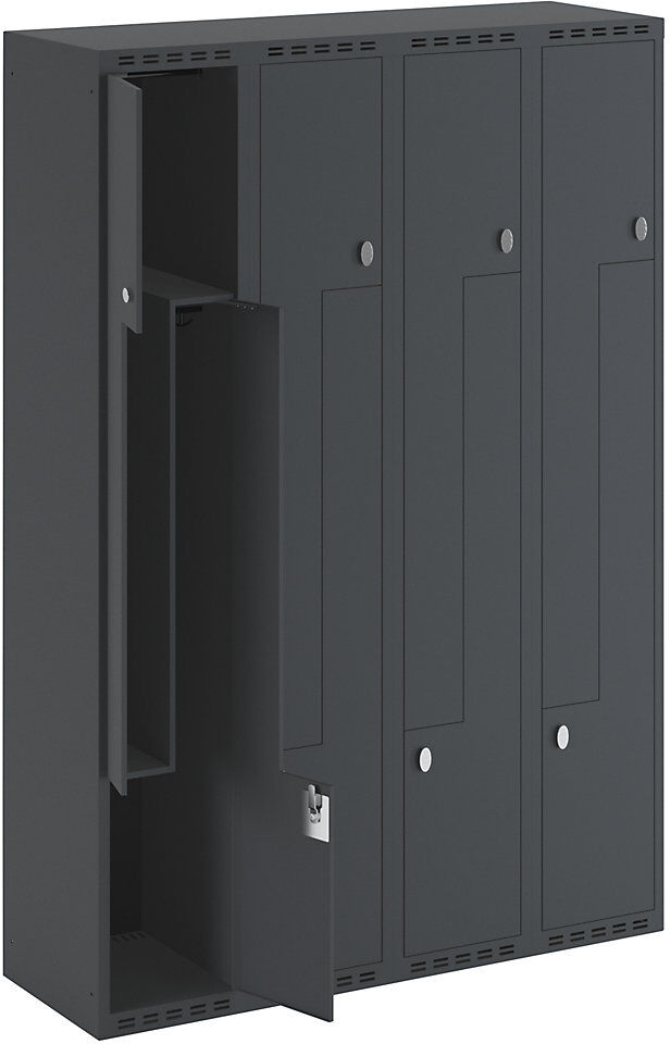 kaiserkraft Z-Spind Fydor, 4 Abteile, anthrazit, B 1200 mm, 4 Abteile, flache Dachform, Vorhängeschloss