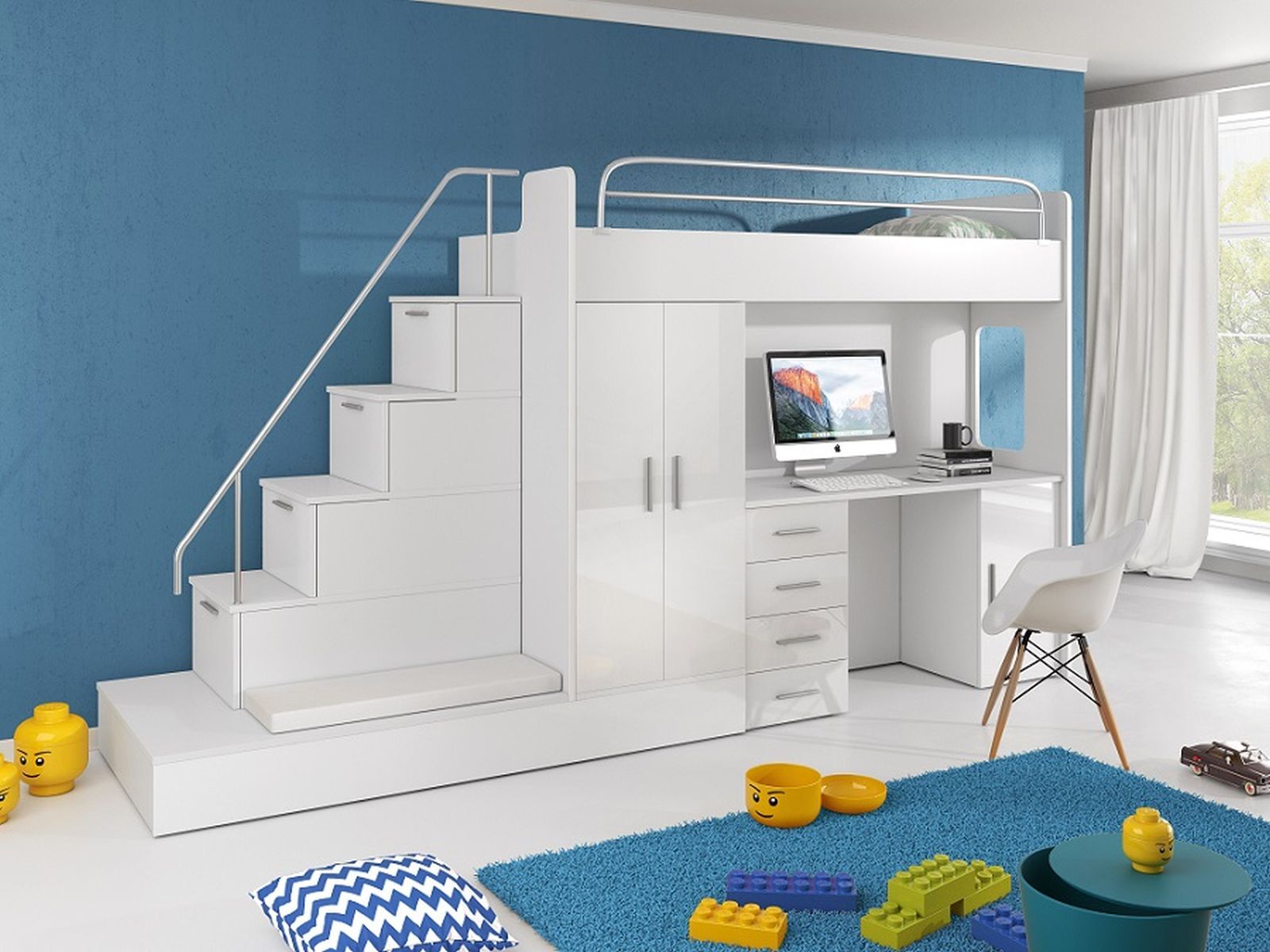 Etagenbett Felix Hochbett mit Schreibtisch und 2x Bett Hochglanz Weiss