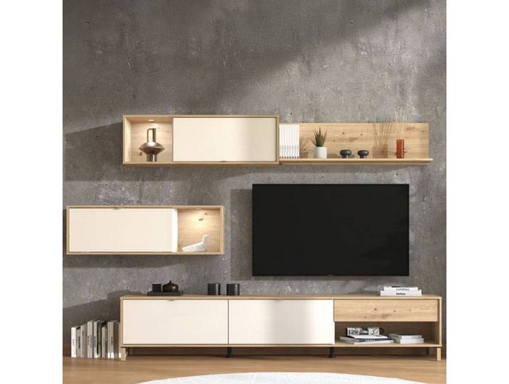 Mur TV Alunzio Dmora Bois Mélaminé Blanc Crème 234x40x178h cm