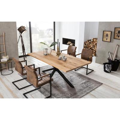 Esstisch SIT "Dakar Wildeiche natur mit Stern-Gestell aus Metall, Massivholz", schwarz (natur, schwarz, schwarz, natur), B:220cm H:76cm T:100cm, Tische, Esstisch, Markantes Stern-Gestell trifft auf massive Wildeiche