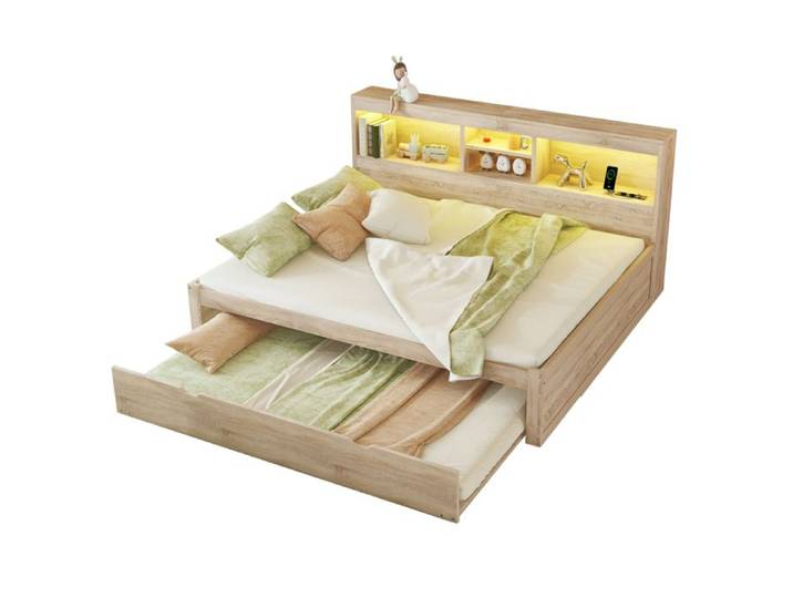 Lit banquette 140 x 200 cm avec lit gigogne SENVIRO - LED avec telecommande rangement prises USB naturel
