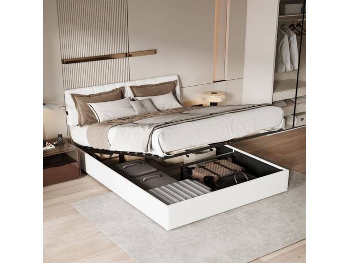 Lit coffre 140x190 lit double lit adulte rembourré port USB velours teddy blanc