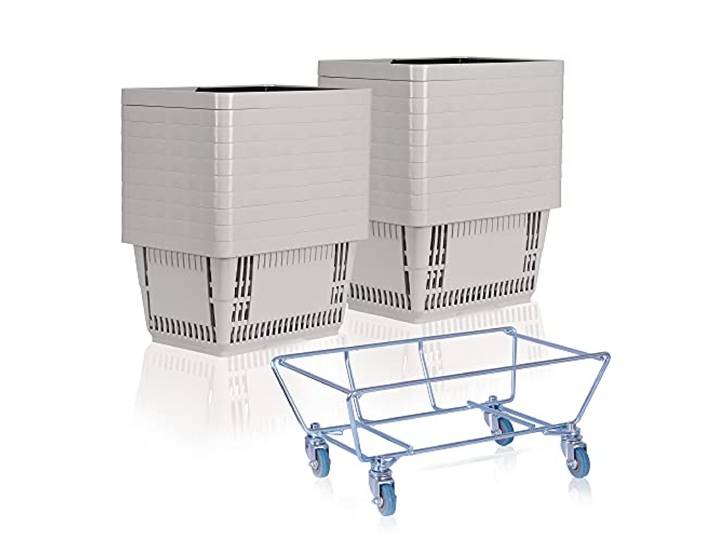 goodsforbusiness Sammelwagen + 20 Einkaufskörbe versch. Farben Korbstapelwagen 22 Liter Rollwagen für Kunststoffkörbe Korbwagen stabil Einkaufskorbwagen (grau)