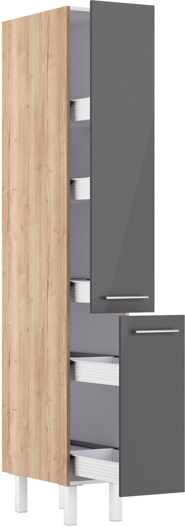 Küche OPTIFIT "Lilly", schwarz (küche: grau, front: anthrazit lackiert, korpus: wildeichefarben, arbeitsplatte: wildeichefarben), B:90cm H:211,8cm T:58,4cm, Komplettküchen-Sets, Küche, Breite 90 cm, wahlweise mit E-Gerät küche: grau, front: anthrazit lack
