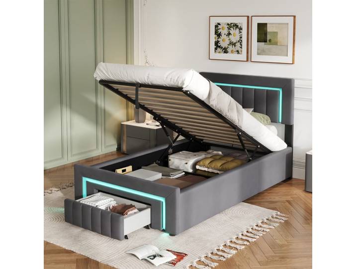 Lit rembourré en velours gris avec rangement et led 90x190 cm