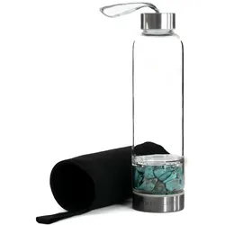 Intirilife Trinkflasche Wasserflasche mit Heilsteinen mit schwarzer Tasche - Türkis - 400 ml Füllmenge