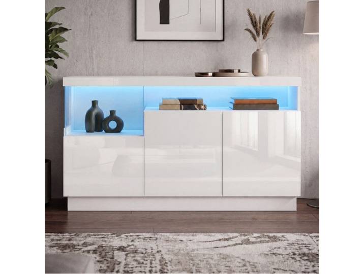 Comfyu - Buffet laqué brillant à 3 portes avec éclairage LED et étagères de rangement - Buffet moderne - Blanc