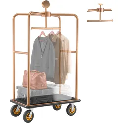 VEVOR Hotelgepäckwagen aus Edelstahl,  544,31 kg Belastbarer Kofferwagen mit 8 Zoll Gummirädern, Hotelwagen mit Schwarzem Teppichboden & Garderobenstange, Gepäckwagen für Hotels Resorts, Roségold