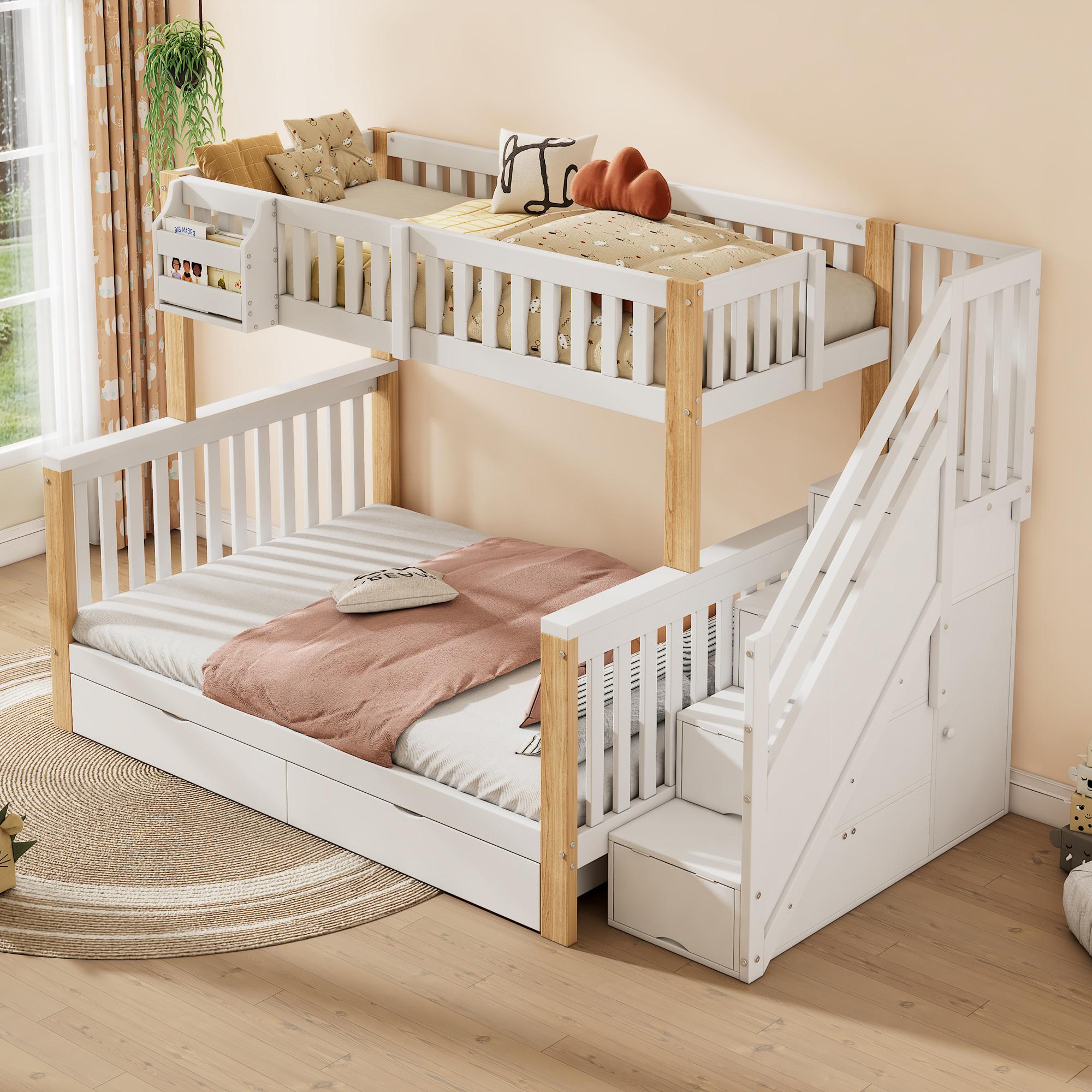MODFU Etagenbett 90x200/140x200 mit Matratze Kinderbett mit Treppenschrank und Schublade,Doppelbett mit Ablageschrank und Ablagekorb,weiß+natur