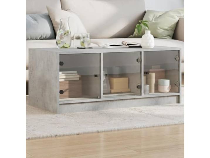 HEFZGDB Couchtisch mit Glastüren Betongrau 102x50x42 cm, moderner Beistelltisch mit Stauraum, Stabiler Wohnzimmertisch für Dekoartikel und Multimedia-Geräte, langlebiges Material