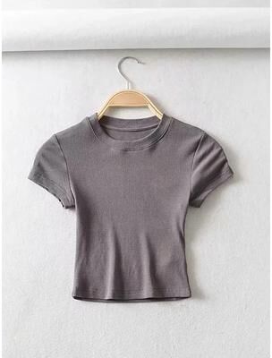 Uplifted Finds Womens Slim O Neck Short Sleeve Stretch Crop Top l gray