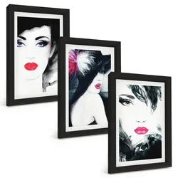 BILDER SET 3er Set - 20x30 cm Schwarzer Rahmen - Porträts von Frauen mit Lippen