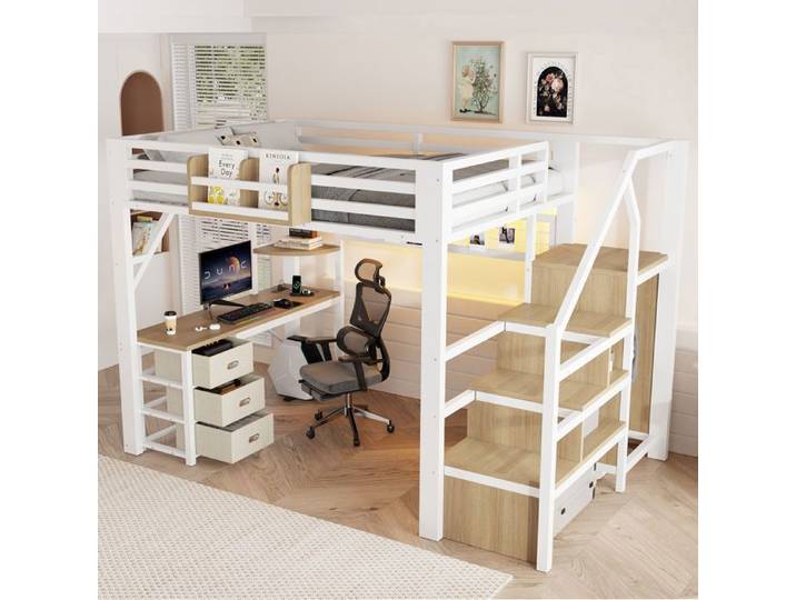 Lit mezzanine adulte 140x200 cm - Lit mezzanine métal 1 place avec bureau et rangements et LED - Blanc