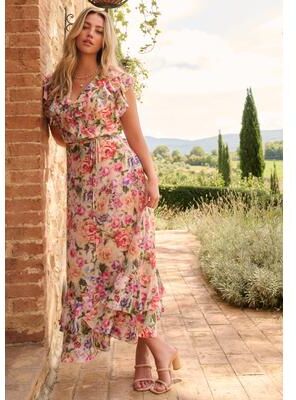 Plus Size Women's Chiffon Wrap Maxi Dress by Roamans in Blush Multi (Size 16 W)