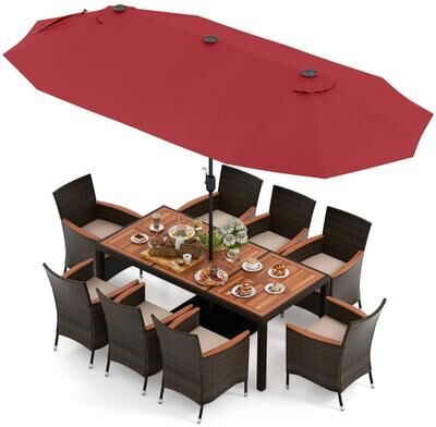 Costway 11 Pieces Patio Dining Set with 15 Feet Double-Sided Patio Umbrella and Base-Wine