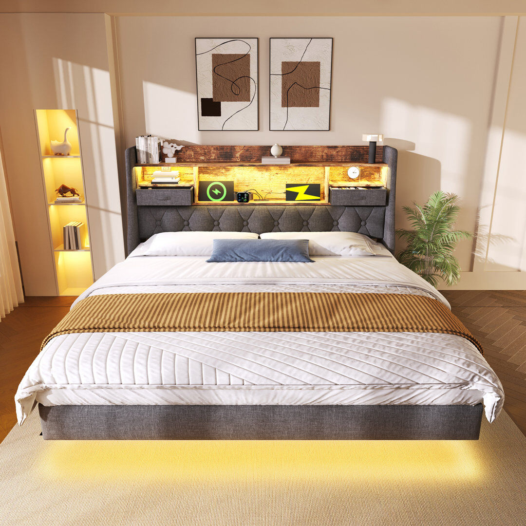 Harriet Bee Upholstered Linen Drawers Bed Frame Grey Super King (6')