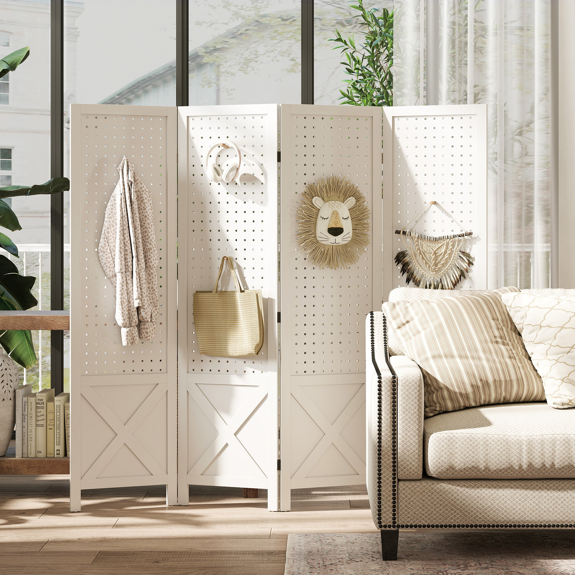 Homcom Paravento Interno a 4 Pannelli Forati, Divisore di Ambienti Pieghevole, in Legno, 152x1,7x144,5 cm, Bianco   Aosom Italy