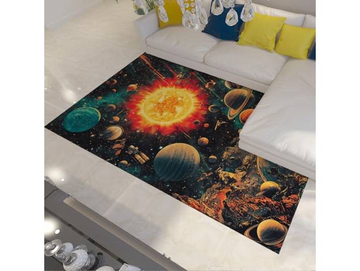 HOBBOY Brandend zonnetapijt, buitenruimte, planeten en ruimteschepen, bedrukt tapijt voor jongens, kamer, speelkamer, cartoon, tapijten, gezellige vloermat, 180 x 270 cm