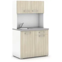 Büroküche PRIMO mit Spülbecken und Mischbatterie, weiß/Eiche natur