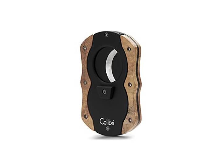 Colibri Cut, dubbele Guillotine-sigarensnijder, zwart met heldere houten zakcenten, veerontspanner, tot 62 ringmaatsigaren, ergonomisch design, inclusief geschenkdoos