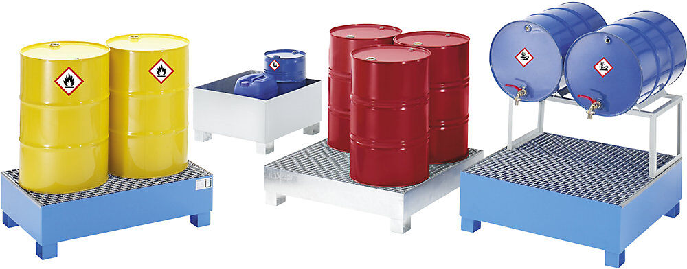 eurokraft basic Stahl-Auffangwanne für 200-l-Fässer, ohne Zulassung, LxBxH 1200 x 800 x 360 mm, ohne Zulassung, blau pulverbeschichtet, ohne Gitterrost eurokraft