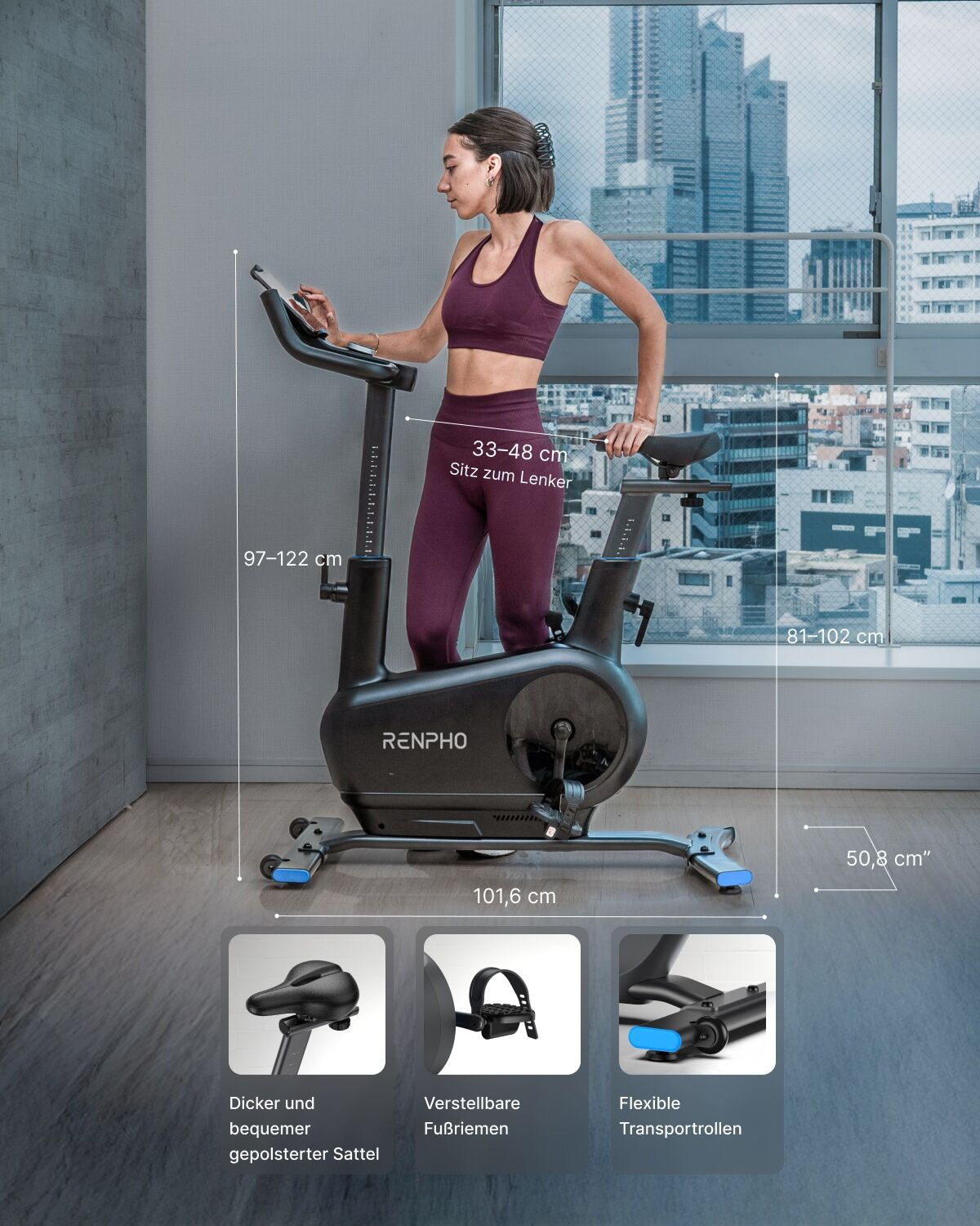 Heimtrainer RENPHO "RENPHO AI Smart Bike 2", grau, HeimtrainerB:51cm H:125cm L:102cm, Heimtrainer, B:51cm H:125cm L:102cm