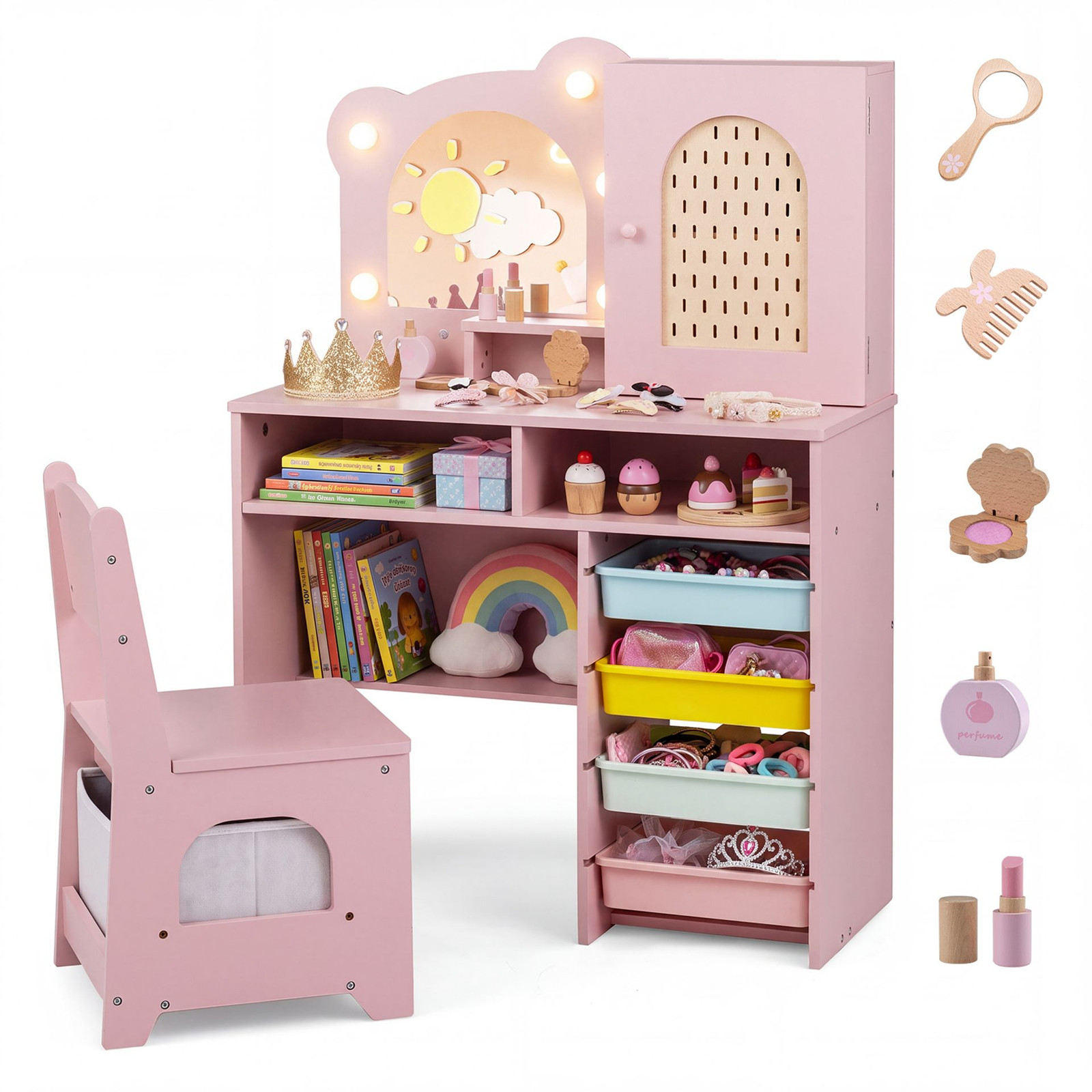 Costway 2 in 1 Houten Makeuptafel in Berenvorm met 2 Open Opbergbakken, Gesloten Kast en 5 Speelgoedaccessoires, Roze