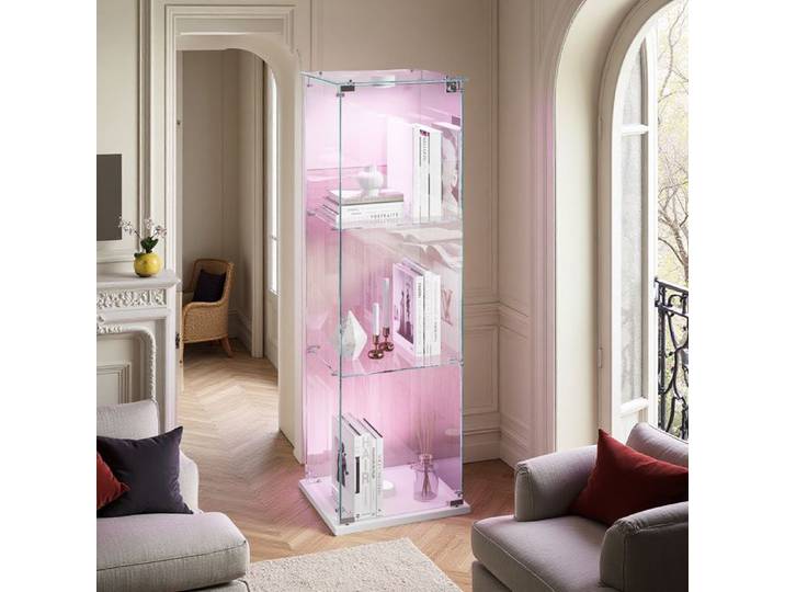 Vitrine en verre - Vitrine LED 3 étagères - Blanc - Verre trempé - 123x39x35 cm