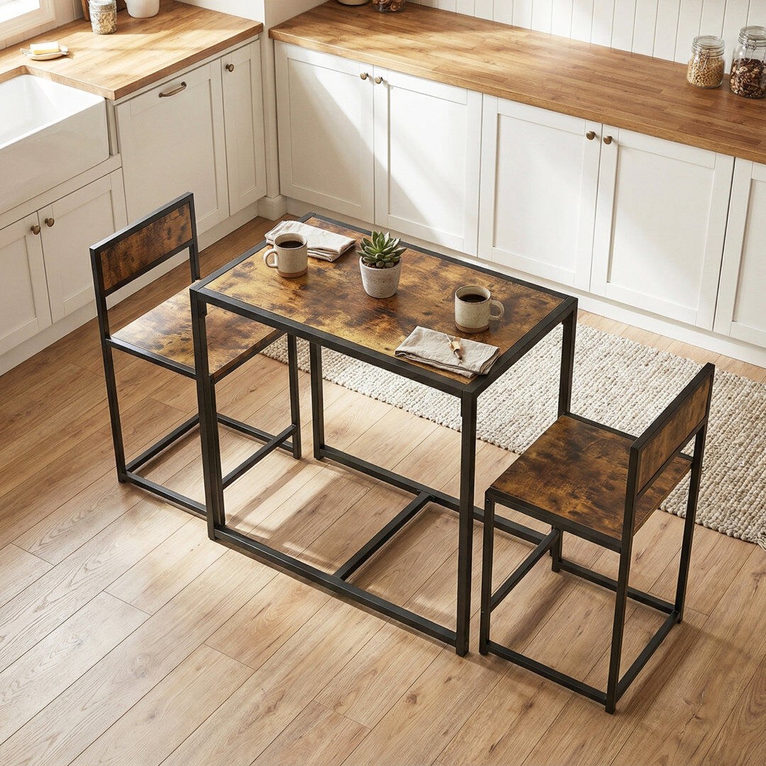 Rio Helotes 3 Piece Dining Table and Chairs Set, Space Saving Rustic Brown/Rustic Brown 2