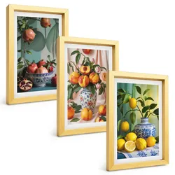 BILDER SET 3er Set - 20x30 cm Goldrahmen - Granatäpfel, Pfirsiche, Zitronen