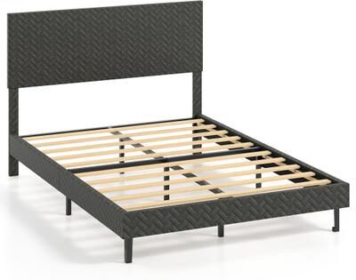 Costway Full Size Velvet Bed Frame Upholstered Platform Bed with Chevron Headboard Gray