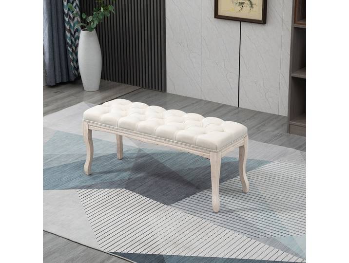 HOMCOM Banquette Capitonnée Lin Beige Bois Hévéa 110cm