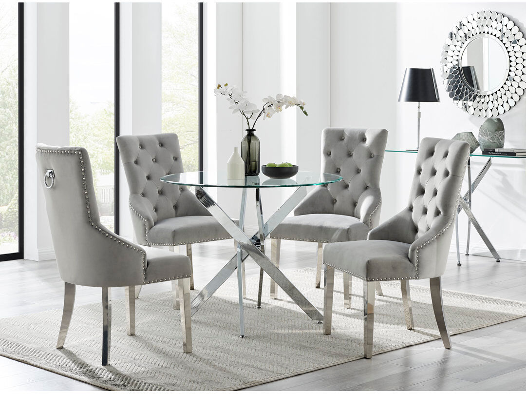 Canora Grey Tierra Modern Chrome Metal & Glass Round Dining Table Set with 4 Luxury Button Velvet Chairs Clear 4