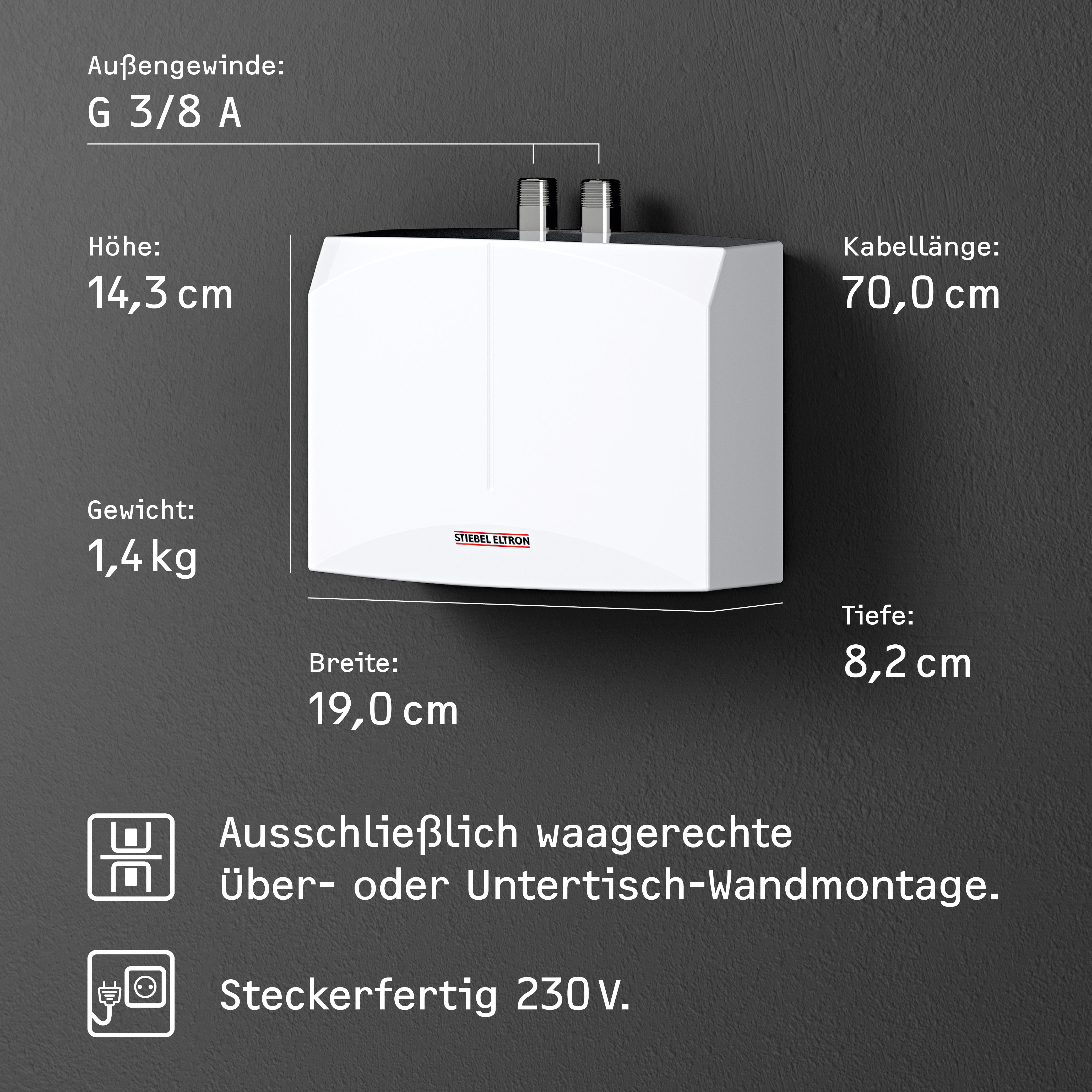 Klein-Durchlauferhitzer STIEBEL ELTRON "DNM 3 + MAZ 2-Griff Armatur für Handwaschbecken, 3,5 kW, mit Stecker", weiß, B:19cm H:14,3cm T:8,2cm, Durchlauferhitzer, Klein-Durchlauferhitzer, hydraulisch, sofort handwarmes Wasser (ca. 35C)