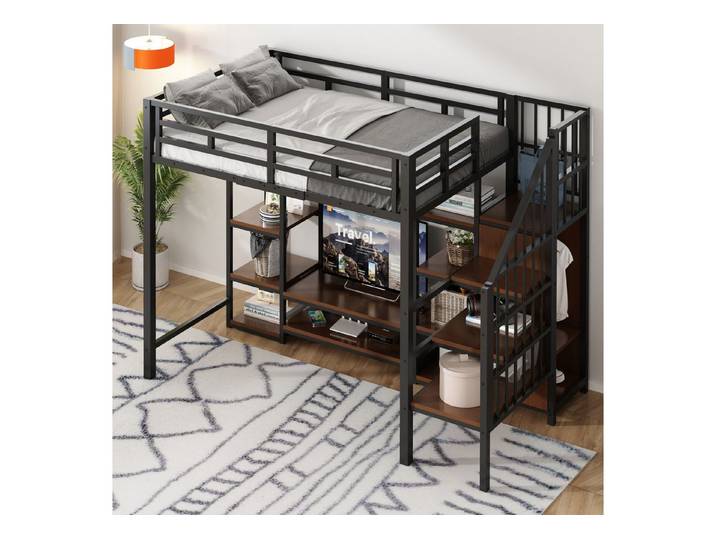 STILVORA Hochbett 90x200 mit Matratze&TV-Ständer,Kinderbett Eisenbett mit Steckdose (mit integriertem TV-Regal, Steckdose & Sicherheitsleiter, Metall-Holz-Struktur, 90x200 cm) ohne Matratze