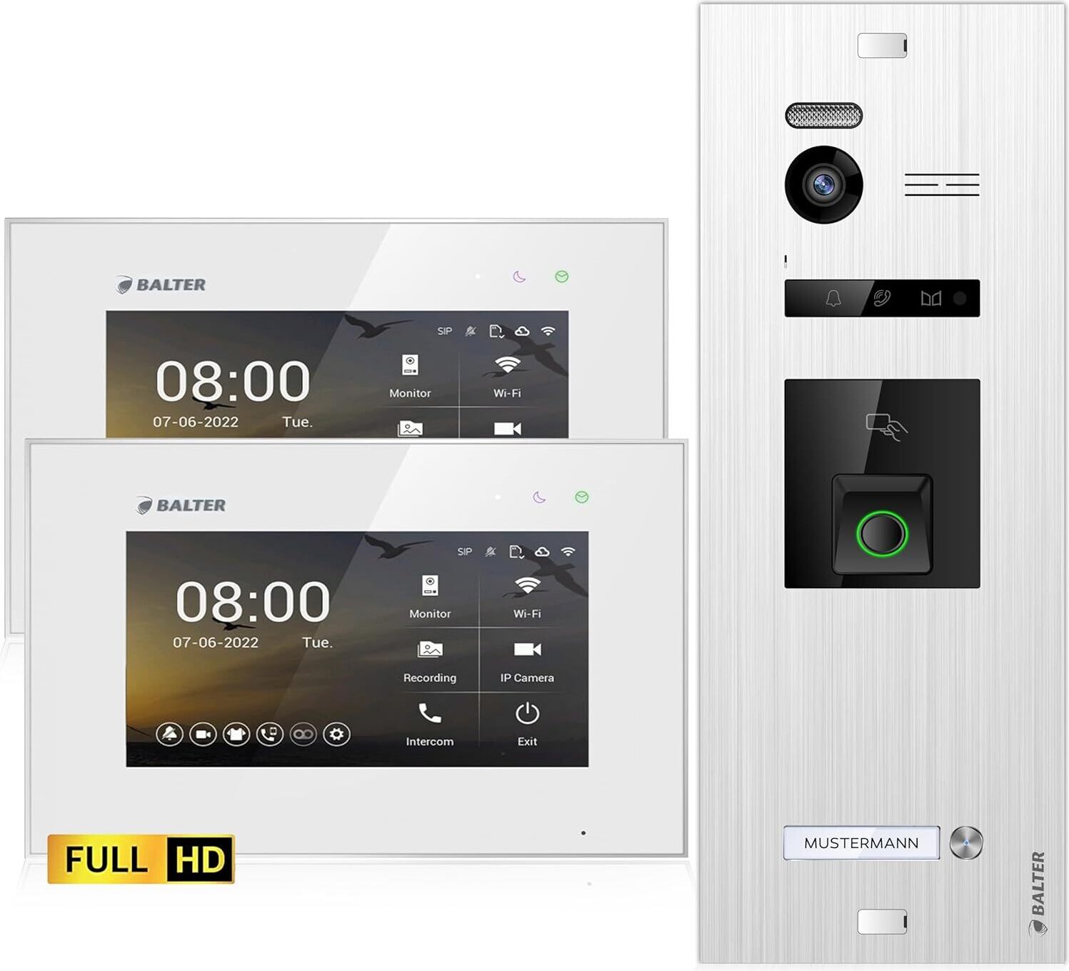 HD Video Türsprechanlage mit Fingerprint und RFID für 1 Familienhaus, 2x Monitore, Balter EVO HD Fingerprint