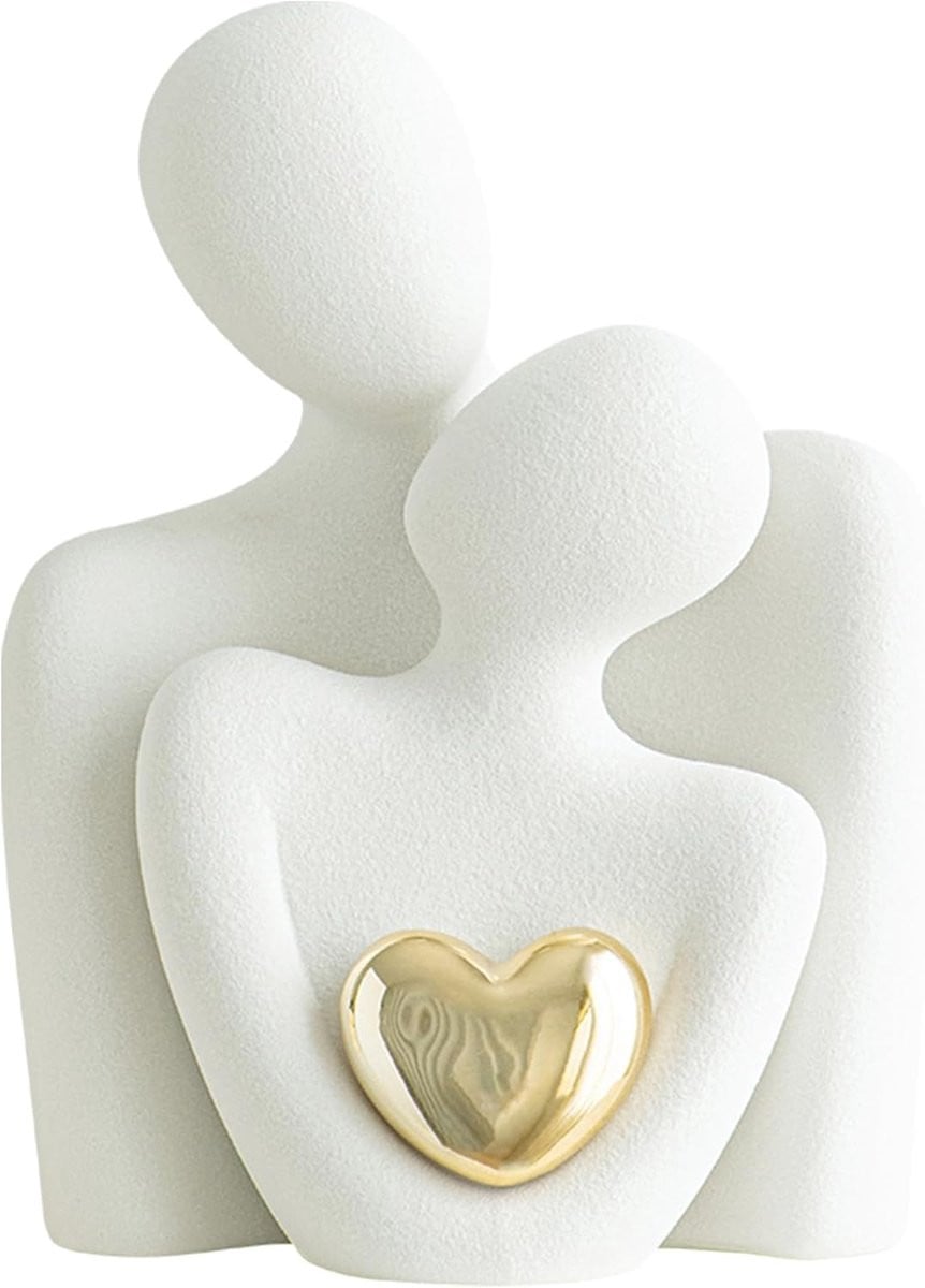 Keramisch Liefdesbeeldje Wit met Goud - Moderne Woonkamer Decoratie - Hoogte: 18 cm