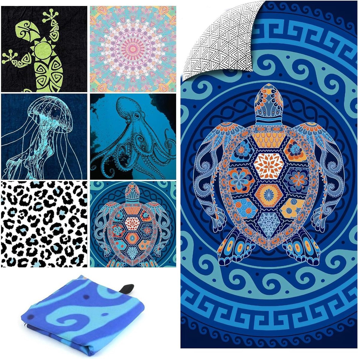 Sneldrogende microvezel strandhanddoek met schildpaddenprint - 180 x 90 cm