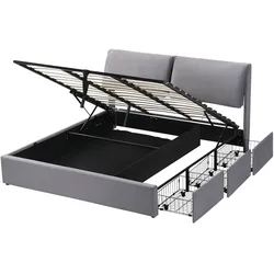 Merax Doppelbett 160x200cm, Polsterbett mit 3 Schubladen, Lattenrost & Kopfteil, Samt, Grau