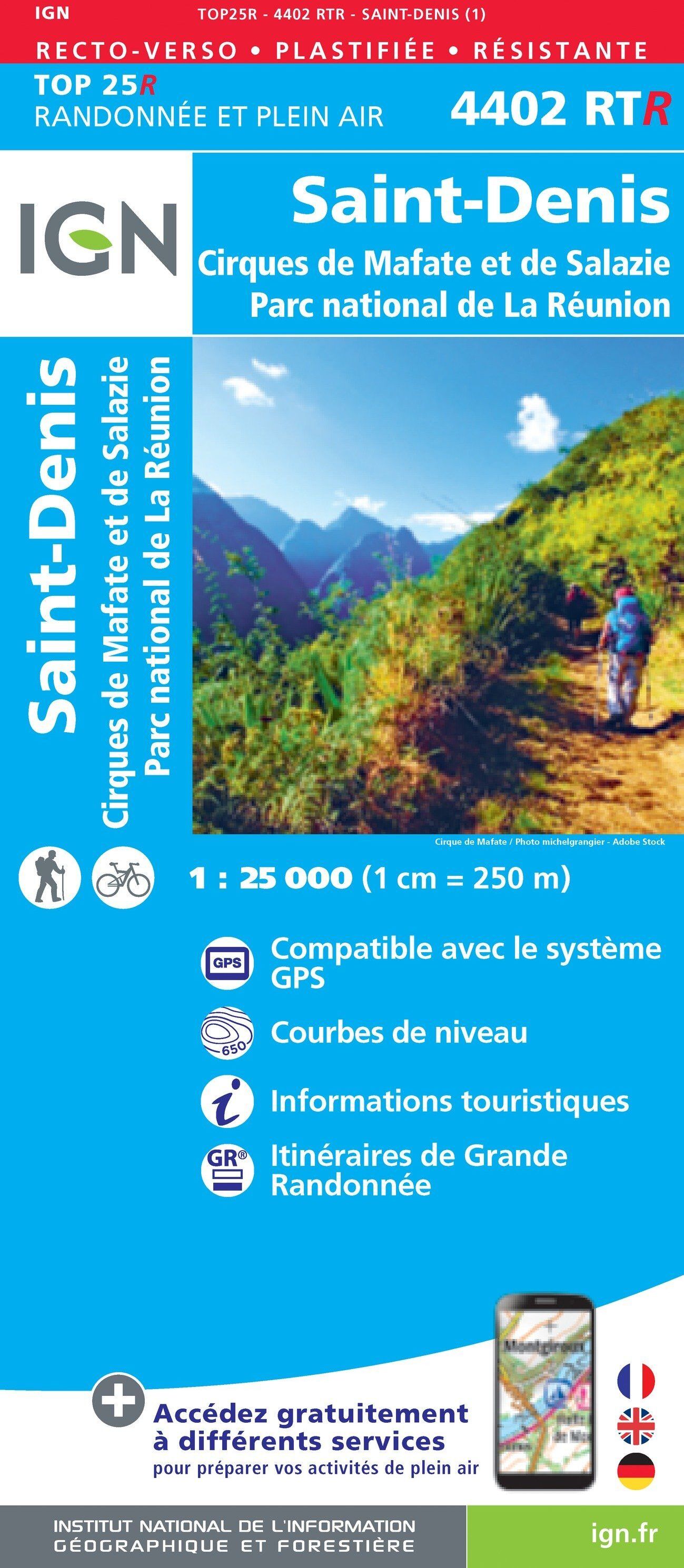 Carte de randonnée IGN TOP 25 n° 4402 RTR (résistante) - Saint Denis (Ile de la Réunion, Centre et Nord)