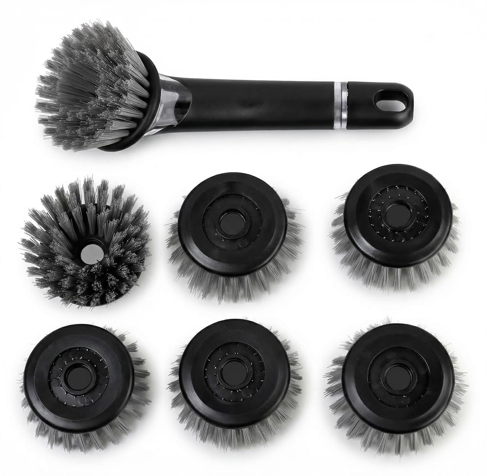 Dripio Afwasborstel met afwasmiddeldispenser en 3 reservekopjes, grijs