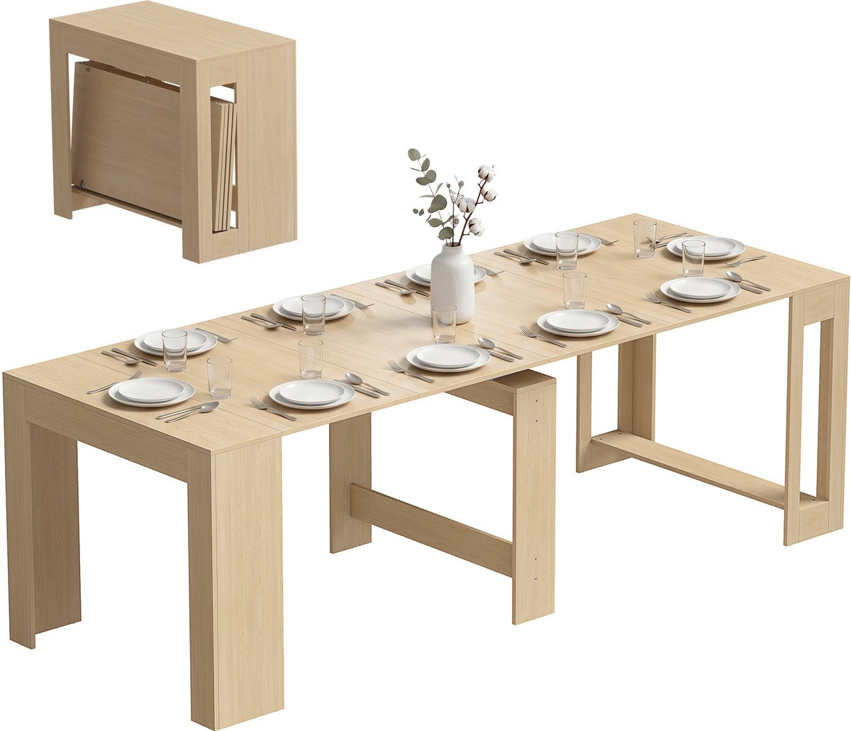 Uitschuifbare eettafel die om te bouwen is tot consoletafel voor 10 personen in lichtbruine houtlook
