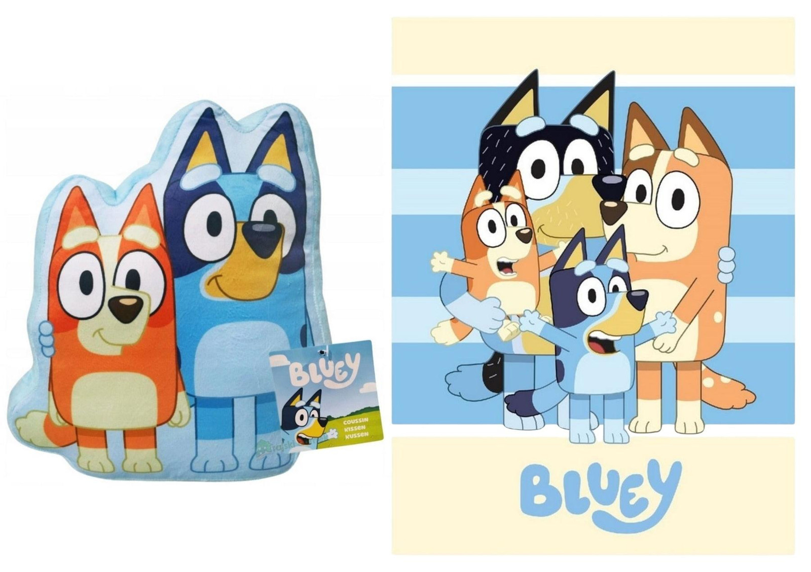 Unyqoos Bluey slaapset voor kinderen – Fleece deken met vormkussen, lichtblauw/crème