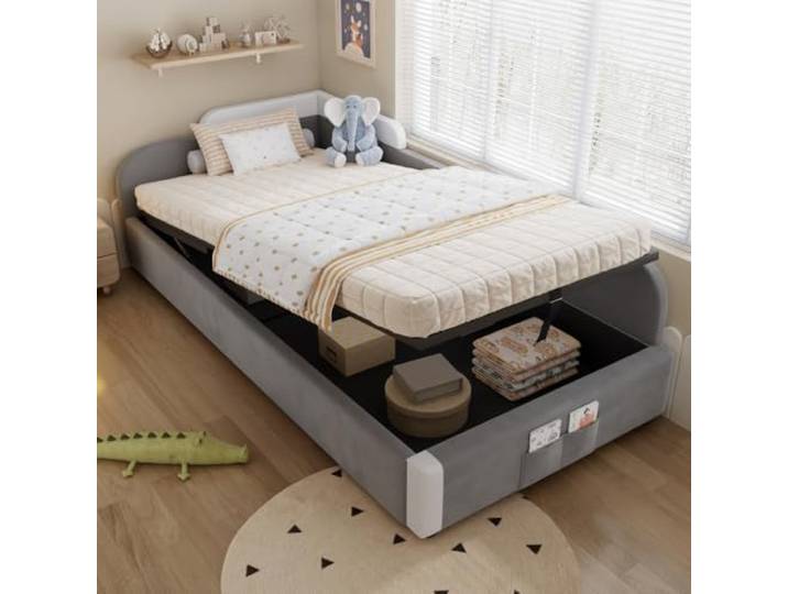 XINGNING Polsterbett Einzelbett Mit Stauraum Hydraulischer Bettkasten, Gepolsterter Rand, Aufbewahrungstasche, Samtbezug (White+Gray + Velvet + 90cm*200cm-1)