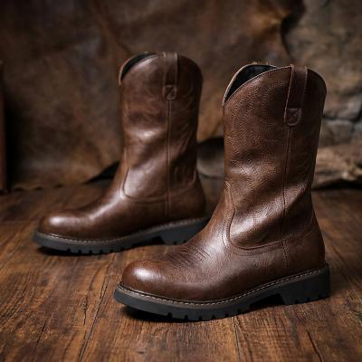 LightInthebox Men's Dark Brown Work Boots, Round-Toe Pull-On Mid-Calf Boots with Rugged Lug Sole for Working Men, Construction, Ranch Work, Outdoor Jobs and Everyday Wear