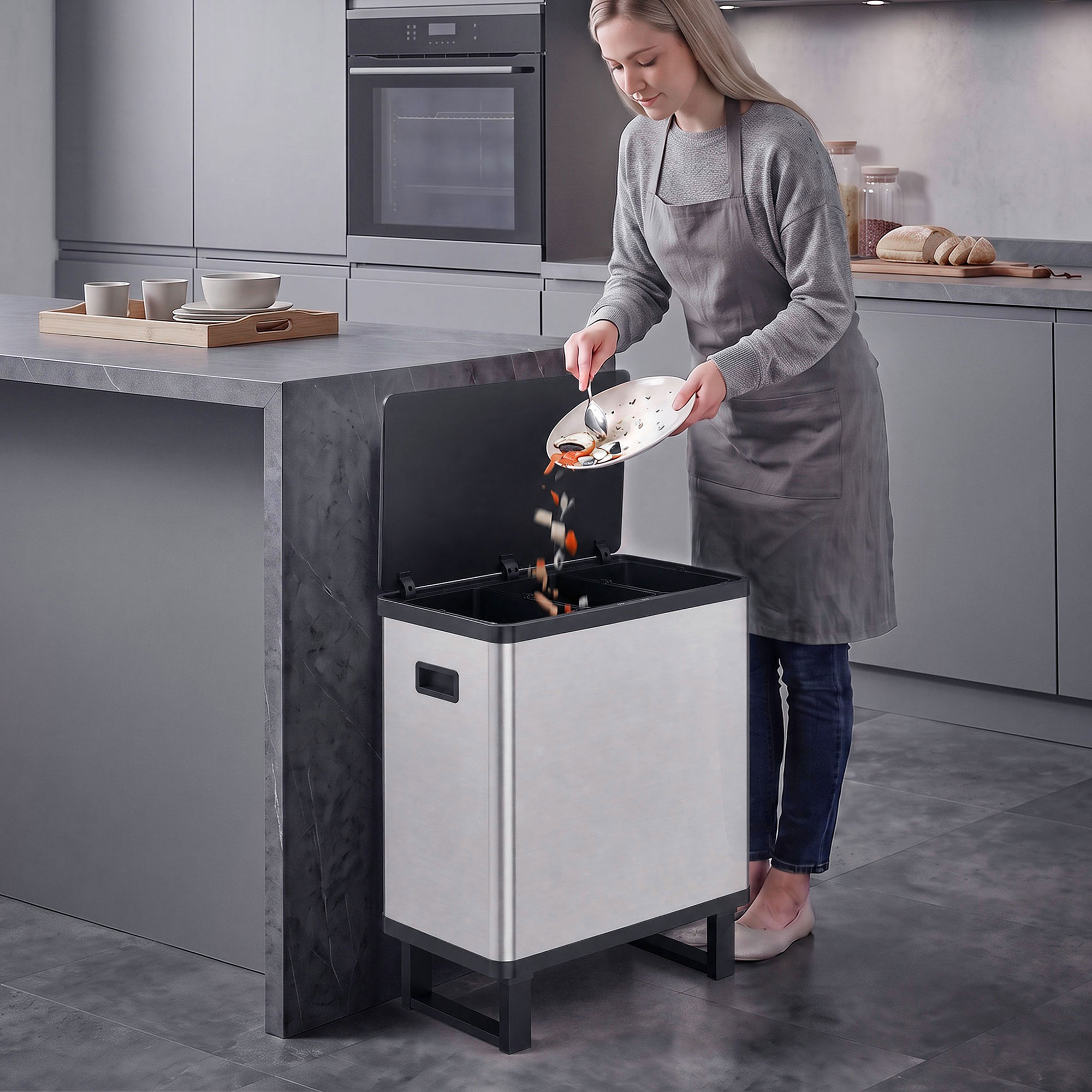 Homcom Pattumiera Automatica con Sensore 54L, 3 Scomparti, Secchi Interni Rimovibili, Acciaio Inox, Argento   Aosom Italy